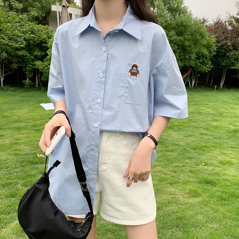 

TVVOVVIN Summer New Simple Plaid Short Sleeve Casual Single Breasted Shirt Casual All-match Mid-length Blouse QITQ