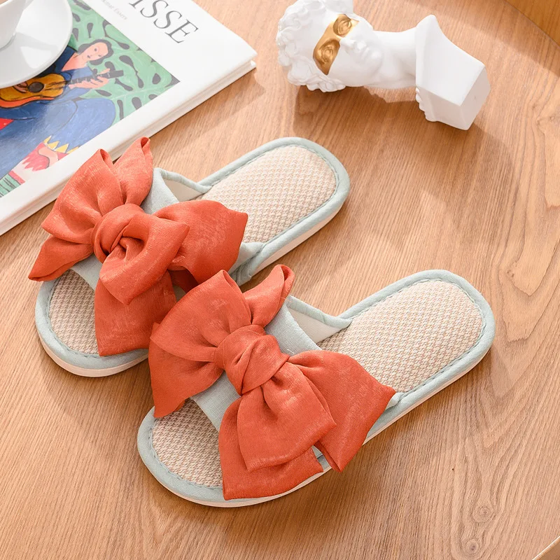 2022 Summer Flax Slippers Women Casual Linen Slides Bowknot Sweet Home Flip Flops Indoor Soft Non-slip Shoes Female Sandals