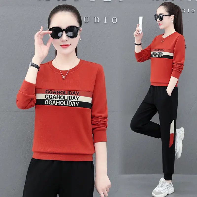 

Модный спортивный комплект из двух предметов, осень 2021, новинка, свободные брюки большого размера с круглым вырезом, женский фиолетовый, чер...