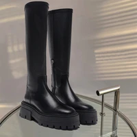 2021 new stretch high below the knee leather boots side zipper groove pattern womens shoes thick bottom boots