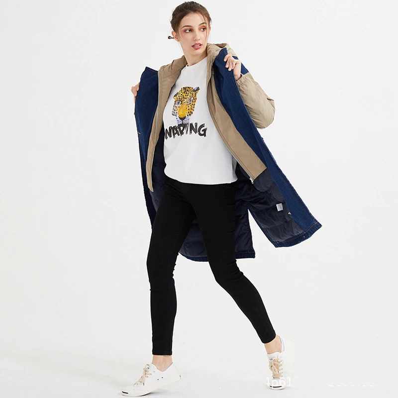 

2020 winter new women's down jacket casual fashion original design mid-length denim stitching hooded fake two-piece down jacket