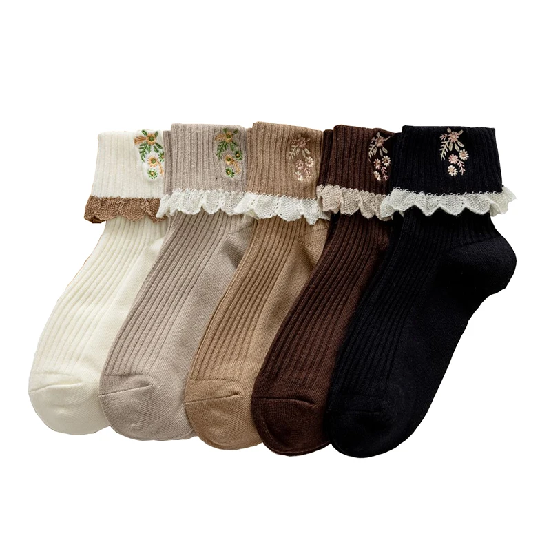 

2 пары, милые женские носки с кружевными краями, модные женские стильные зимние носки с цветочной вышивкой, винтажные женские носки