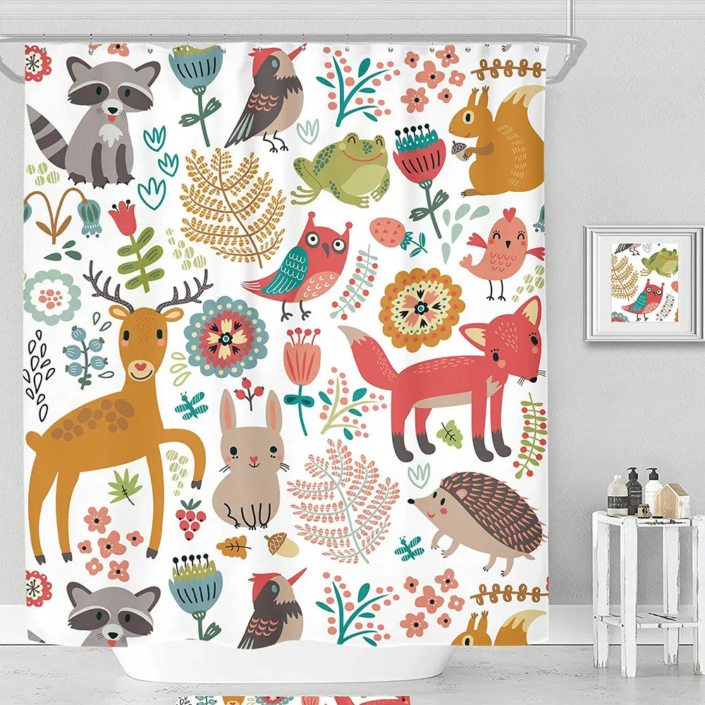 

Cartoon Forest Animal Shower Curtain Owl Deer Plant Flowers Cute Funny Child Kids Bathroom Wall Decor With Hook Polyester Screen