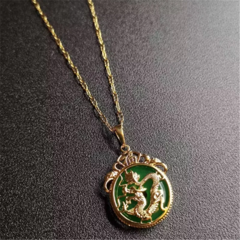 

Green Jade Dragon Pendant Necklace-Amulet Protection Stone Pendant-Feng Shui Good Luck Wealth and Prosperity Money Necklace