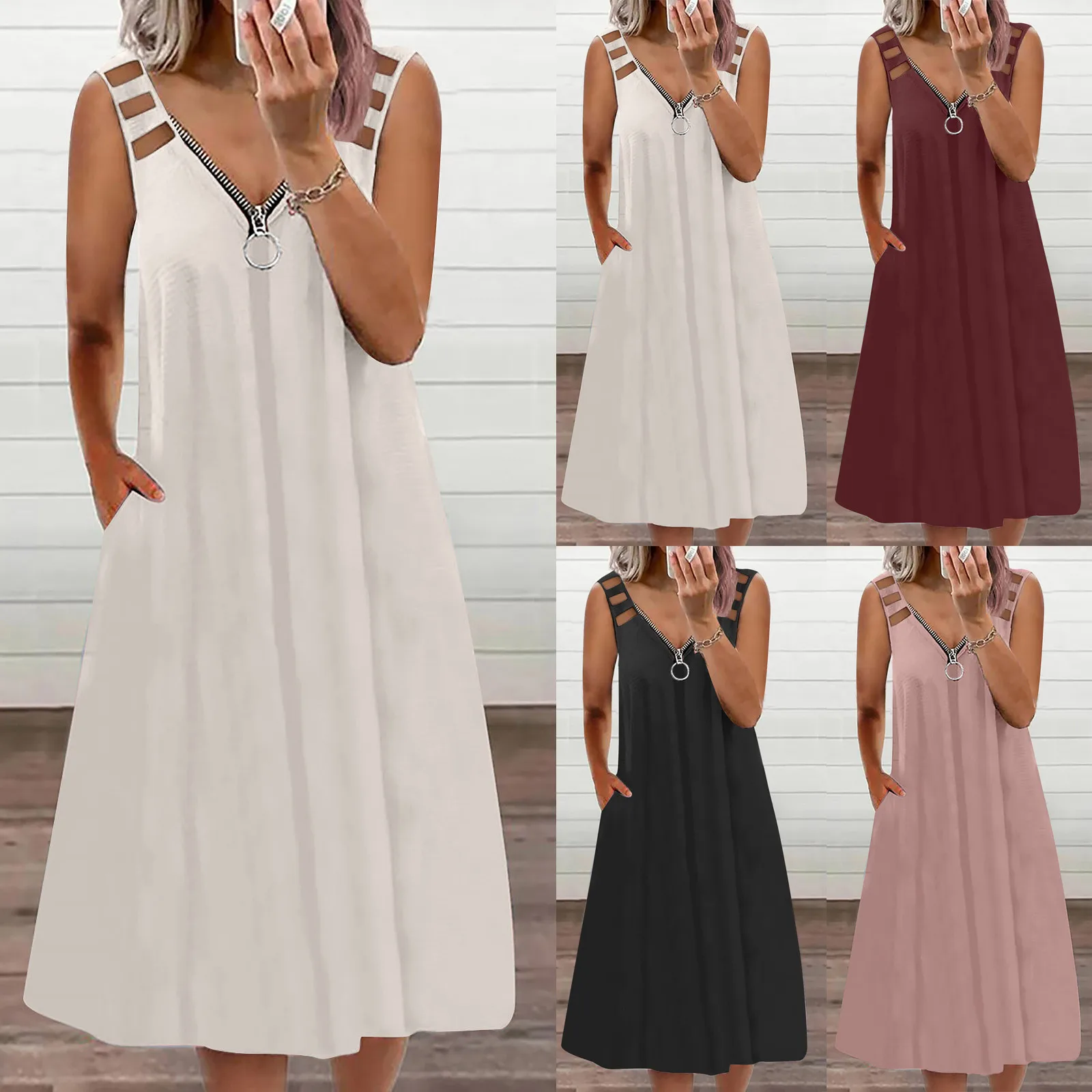 

Women's Sleeveless V-Neck Casual Solid Loose Dress Plus Size A-Line Dresses Women Hollow Out Party Dress Beach Dress Vestidos