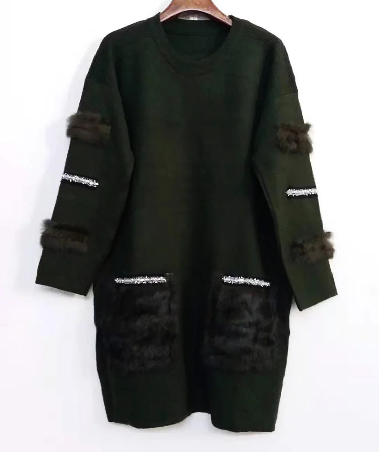 ALPHALMODA Зимний меховой свитер, платье с меховым карманом, пуловер с длинными рукавами, женское модное трикотажное платье