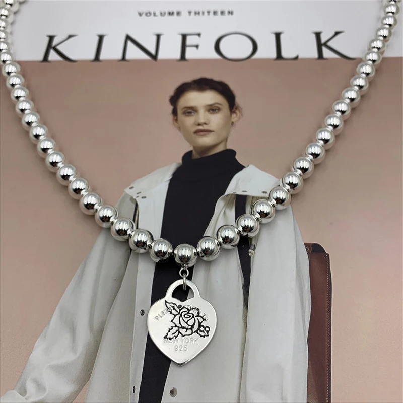 

Original classical charm 8MM round beads mini pattern love heart necklace S925 Sterling silver Jewelry Woman Luxury brands Logo