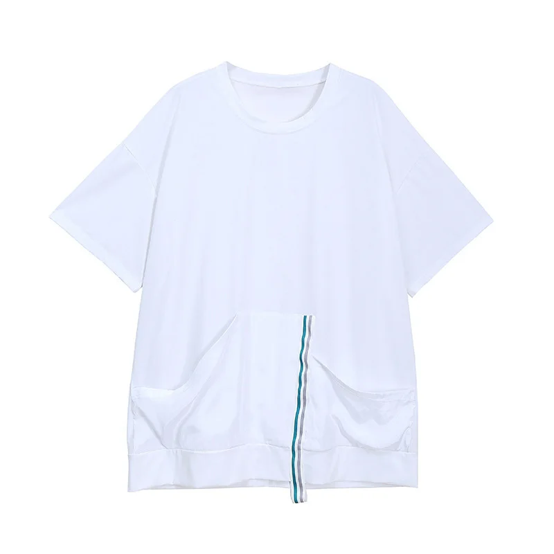 

[EAM] Women Black Big Size Casual Ribbon Pockets T-shirt New Round Neck Short Sleeve Fashion Tide Spring Summer 2021 1DD8853