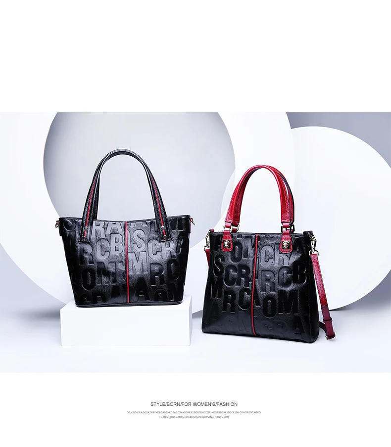 Wmnuo Brand Bag Women's Tote Genuine Leather Handbag For Women Cow Personality Letter Embossing Ladies Shoulder Bag Two Style