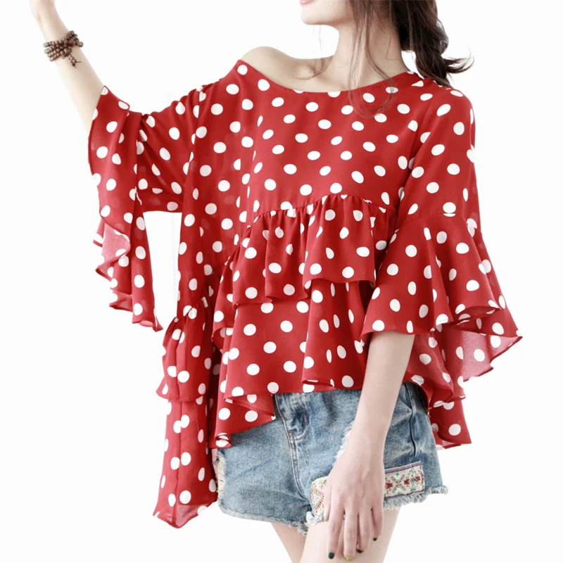 Рубашка женская винтажная с рукавом-фонариком и принтом в горошек | Женская