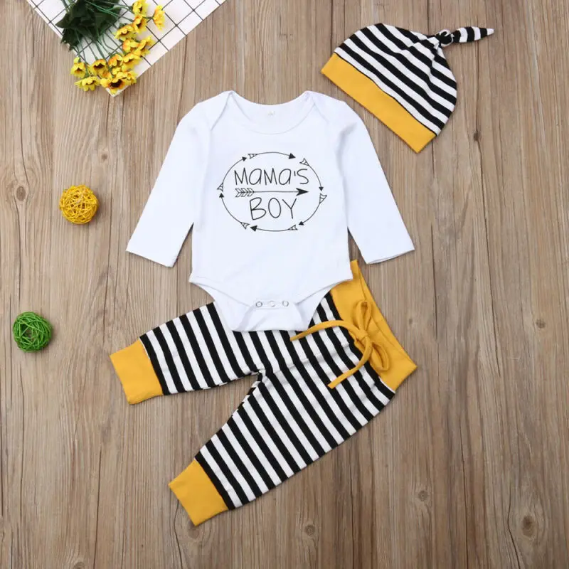 

0-18M Boy Clothes 2021 Brand Newborn Baby Boy Cotton Long Sleeve Romper MaMa Boys Tops Stripe Pants Trousers 3PCS Outfit Clothes