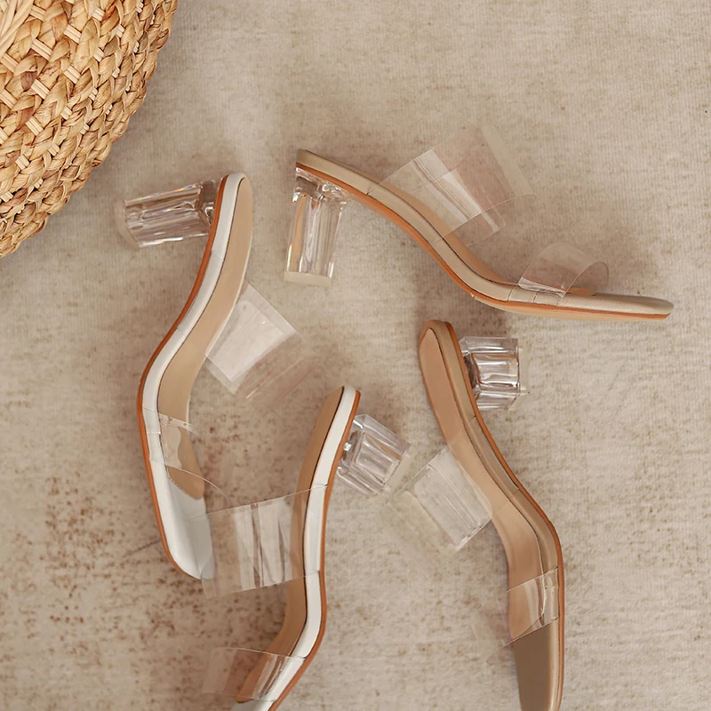 Crystal Clear Middle Heels New Summer Lady Comfort Sandals Slippers Fashion Party Shoes Women Prom Peep Toe Cool Slides White | Обувь