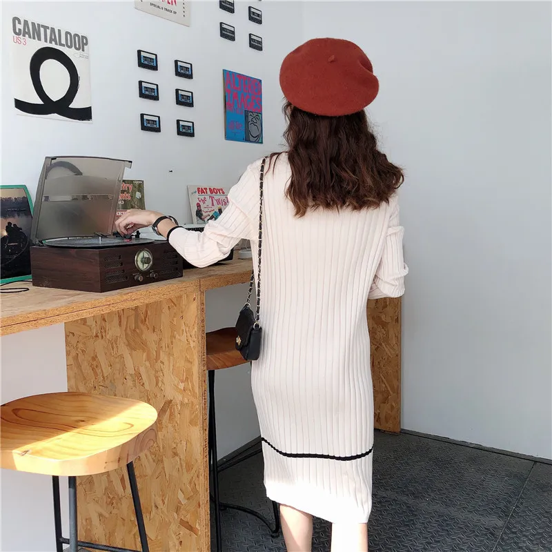 2019 new autumn and winter long over-the-knee sweater skirt ladies loose head is very temperament knit dress warm female | Женская