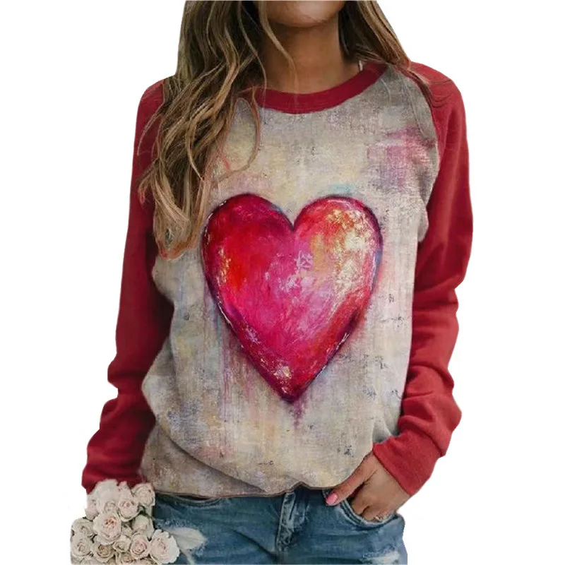 

Tie-Dye Heart Love Print Shirt Loose Raglan Patchwork O-Neck Long-Sleeve Casual Women Blouse Autumn Harajuku Ladies Kawaii Tops