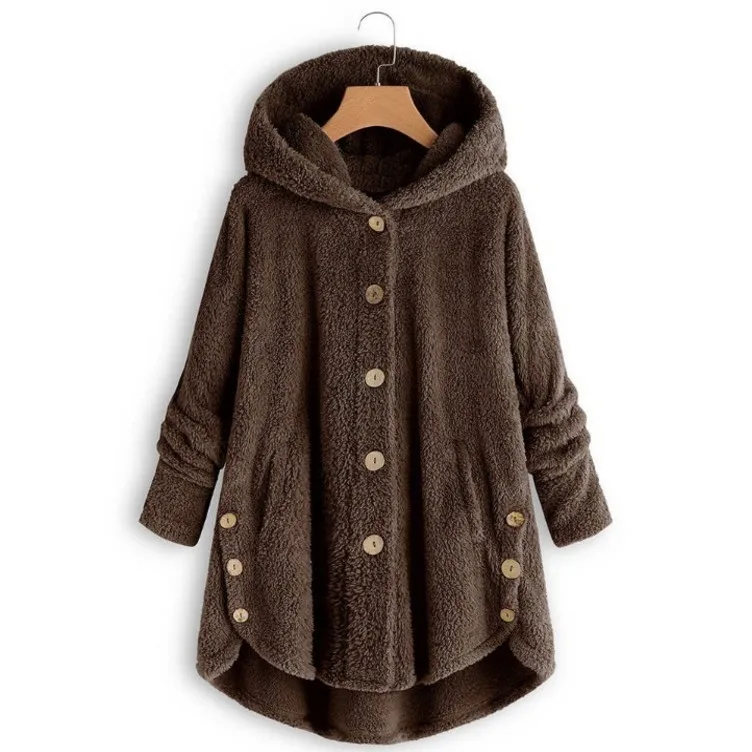 Women Fluffy Coat Loose Hoodie Sweatshirt Solid Winter Kawaii Cat Ear Hooded Hoodie Buttons Fleece Jackets Tracksuit Coat Plus