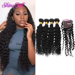 ShineFull волосы бразильские волнистые волосы для наращивания 3 пряди с кружевной застежкой 4*4 не Реми волосы 100% человеческие волосы для плетения