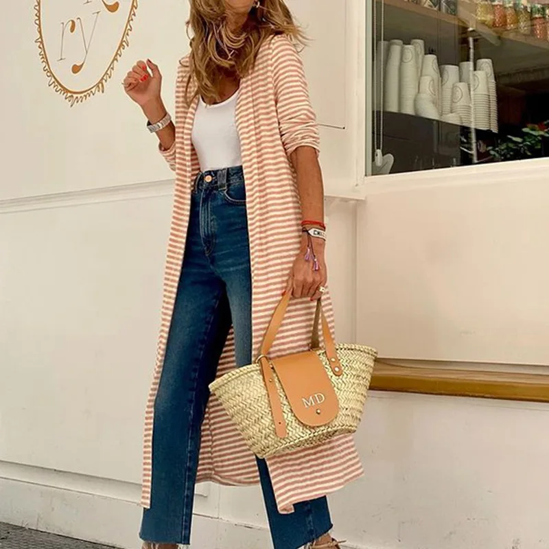 

Женский Повседневный длинный кардиган в полоску, элегантный осенне-зимний офисный кардиган с V-образным вырезом, уличная одежда, свободная ...