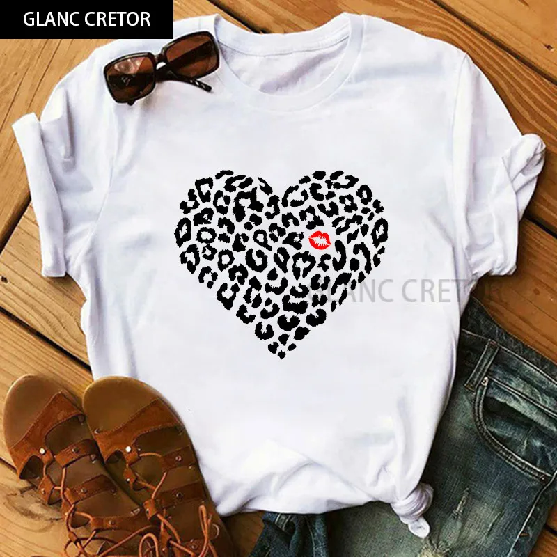 

Harajuku O-neck Top Tees Female Funny Big Lips Leopard Print T Shirts Women Summer Short Sleeves T-shirt for Lady Shirt
