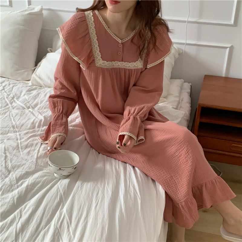 

cotton nightgown womens ruffles nightdress spring autumn women long sleeved casual loose red lace v neck home dress