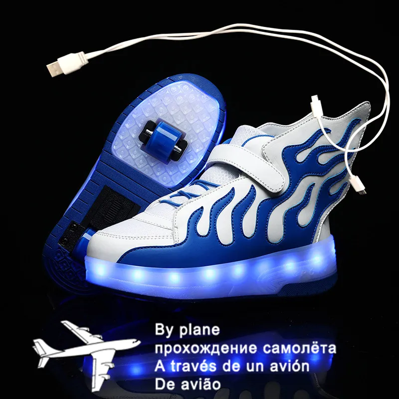 

Blue 2021 New USB Charging Children Sneakers remote control Girls Boys Led Shoes Kids Sneakers With Wheels Roller Skate Shoes
