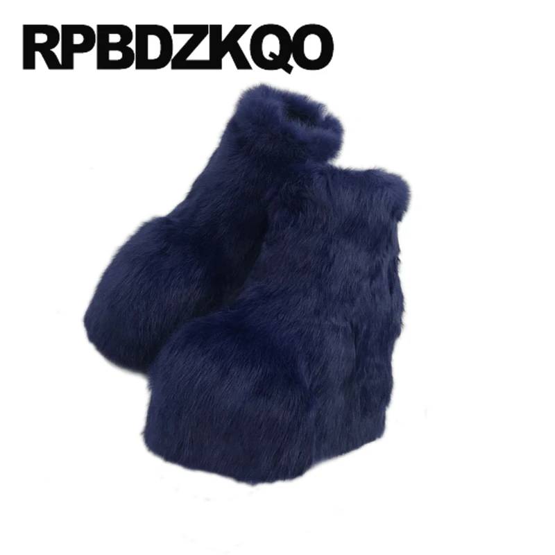 Red Extreme Real Fur Navy Blue Booties 9 Furry Exotic Dancer Fetish Shoes Handmade High Heel White Platform Boots Wedge Sexy | Обувь