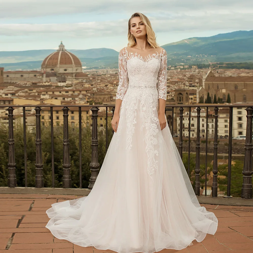 Vestido De Novia Princesa Свадебное платье трапециевидной формы три четверти с кристаллами