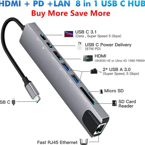 USB-концентратор 8 в 1, Type C, 3,1 на 4K, HDMI, с кардридером RJ45, SD/TF