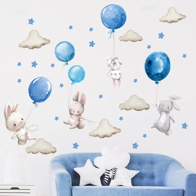 Blue Color Boy Bunny with Air Balloons Wall Stickers for Kids Room Boy's Bedroom Decoration Wall Decals Watercolor Stars Cloud