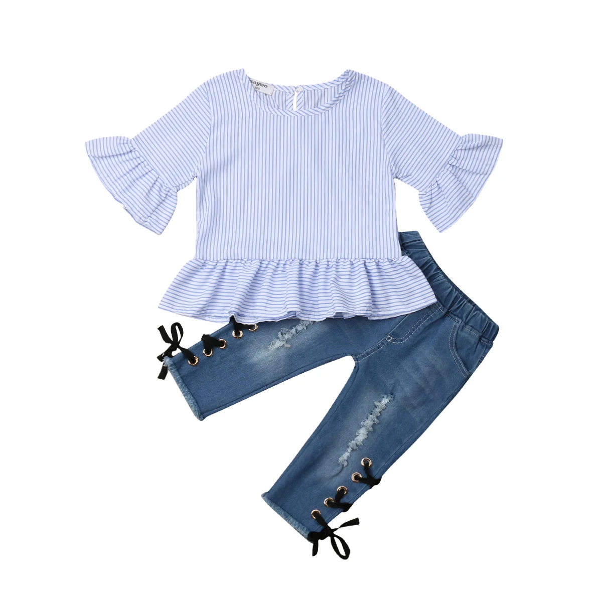 

Newborn Toddler Baby Girls Clothes Set Ruffle Stripe Tops Shirt+Denim Hole Pants Jeans Outfits Sets for Children Kids Clothing