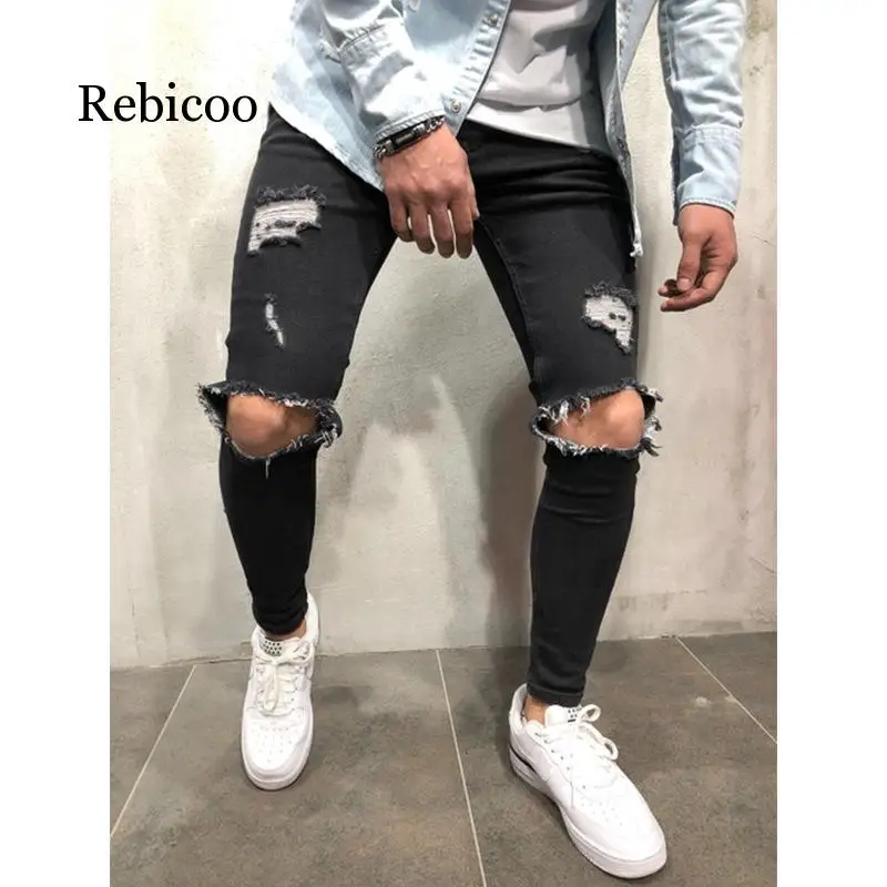 Модная уличная одежда мужские джинсы Ретро стиль синий серый цвет обтягивающие