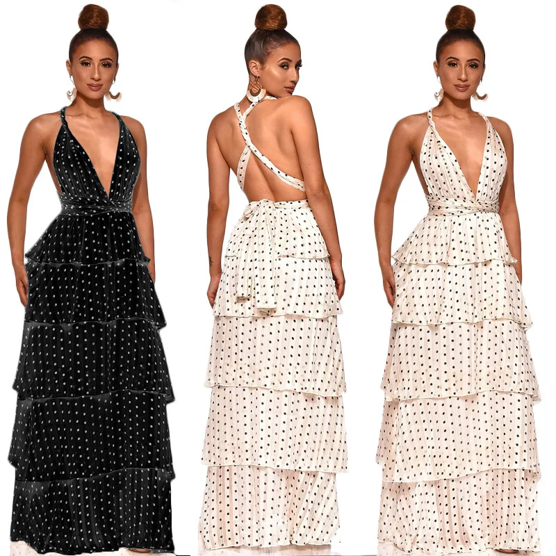 

2020 European and American Spring and Summer Dress Polka Dot Ruffles Beach Skirt Temperament Commuter Women's Wholesale