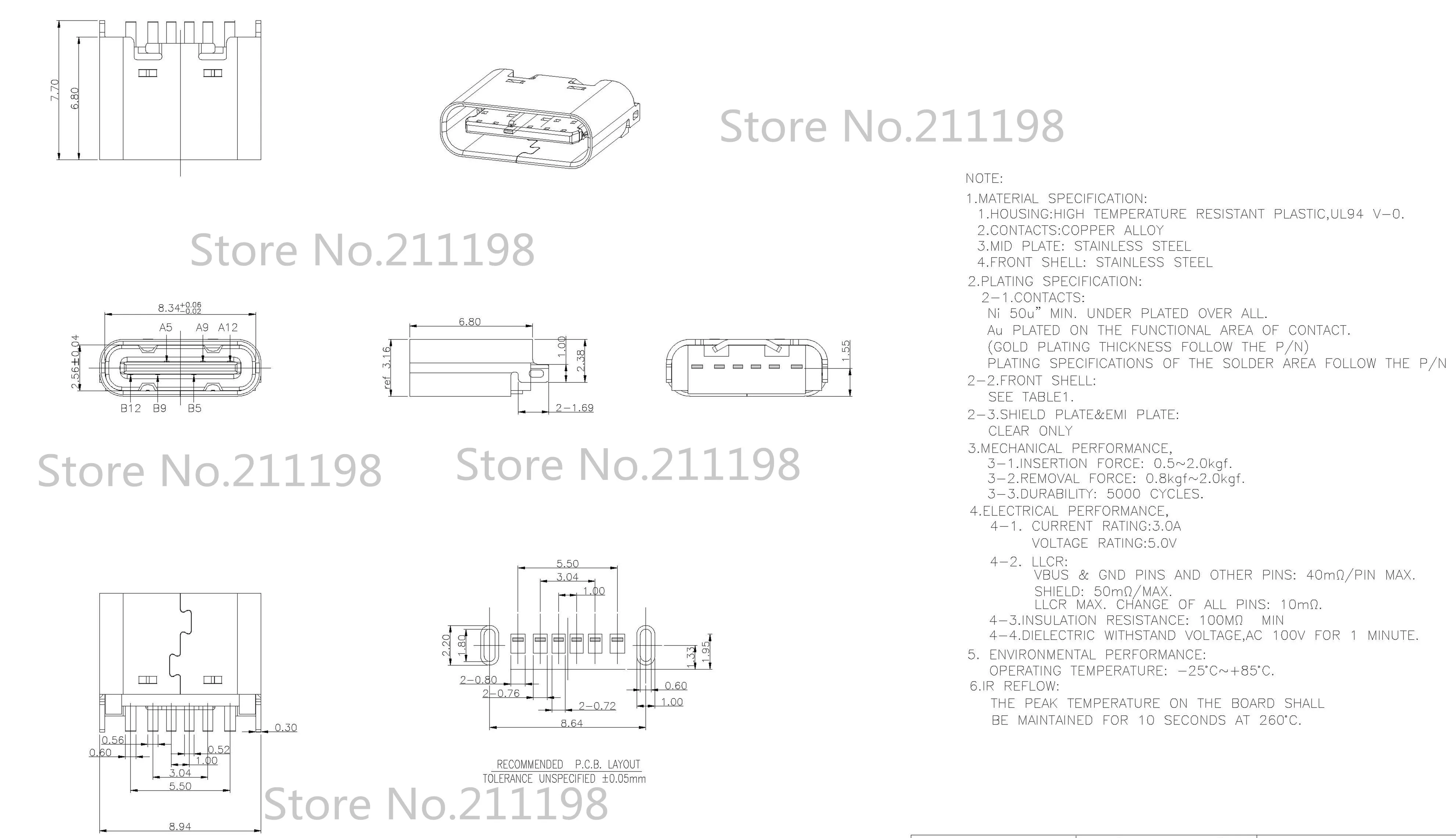 100 шт./лот разъем Micro Usb 3 1 Type C 6 контактный гнездовой 180 градусов для зарядного