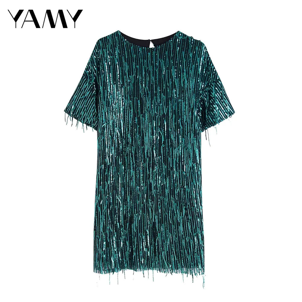 Женское платье с коротким рукавом блестками и бахромой модное женское