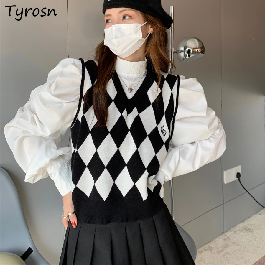 

Argyle Sweater Vest Women Retro Panelled V-neck Sleeveless Knitted Jumpers Korean Style High Street Cropped Sweaters Mujer Daily