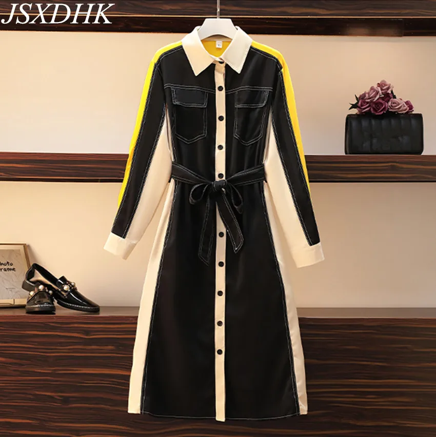 

2021 New Plus Size Autumn Single Breasted Shirt Dress Chic Women Hit Color Patchwork Turn Down Collar Long Office Belt Dresses
