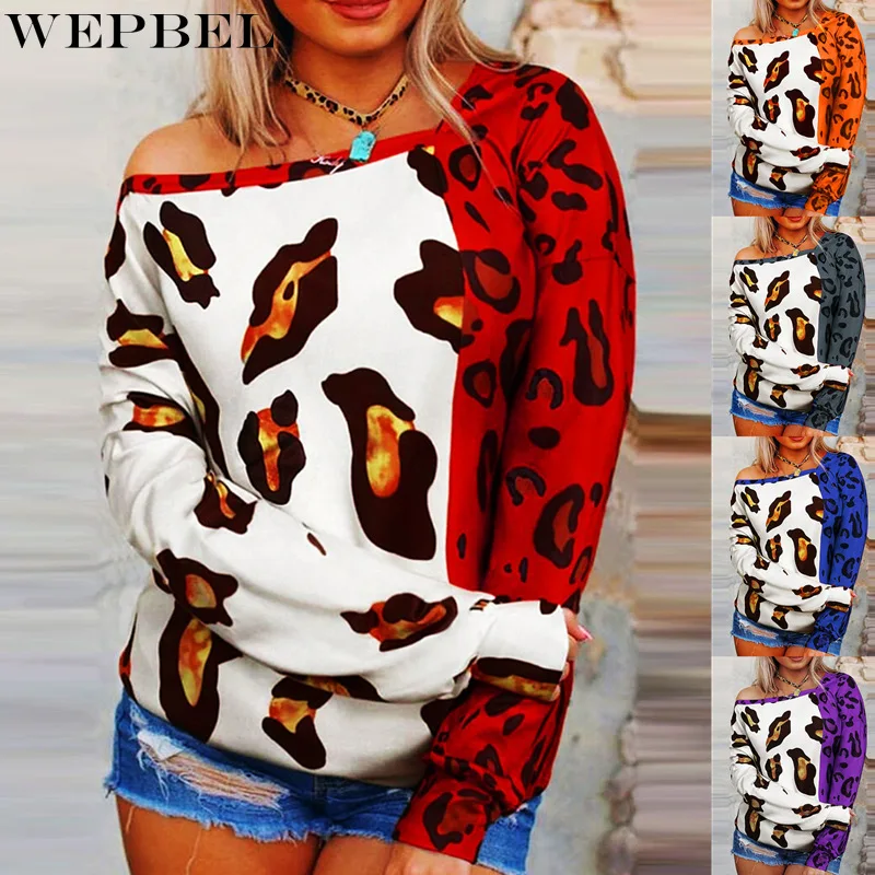 

WEPBEL T-shirt Women's Casual Leopard Print Stitching Loose T-shirt Autumn Long Sleeve Skew Collar Pullover T-shirt Tops