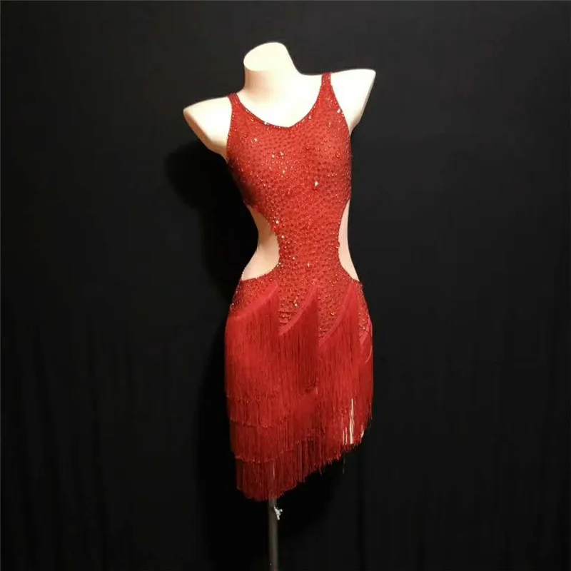 

T35 Ballroom dance sexy stage costume women latin red rhinestons tassels dress full diamond crystal outfit singer wears mesh dj