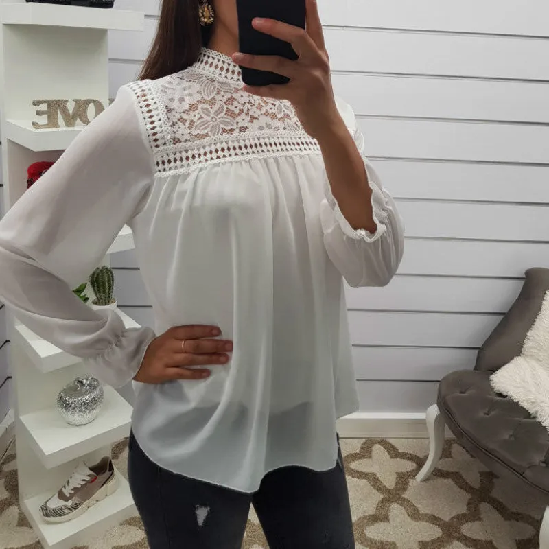 Женская открытая кружевная Свободная блуза с длинным рукавом топы 2020 летняя