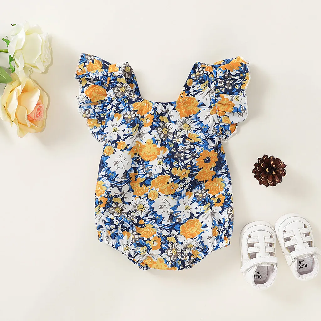 

Infant Baby Girls Romper Ruffles Fly Sleeve Floral Print Backless Bodysuit Romper Summer Baby Clothes Princess Girl Clothing