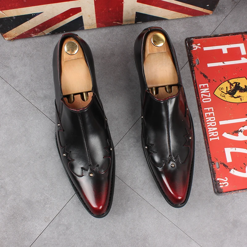

England style mens casual punk night club wear real leather shoes slip-on smoking slippers pointed toe loafers personality shoe