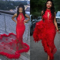 red mermaid prom dresses crystals beaded 2021 feather evening dress party pageant gowns africa special occasion wear dubai