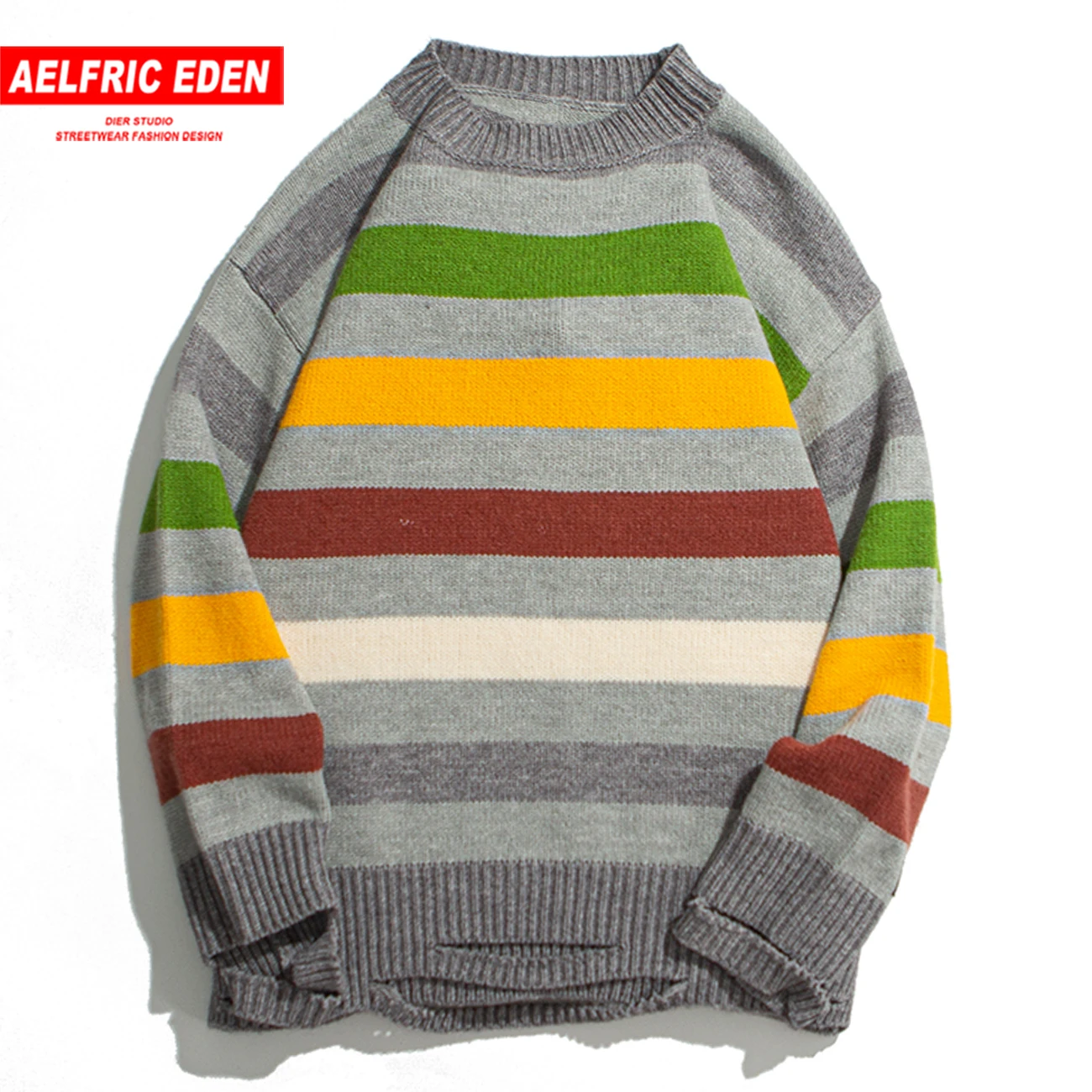 Мужской трикотажный свитер в полоску с дырками Повседневная Уличная одежда