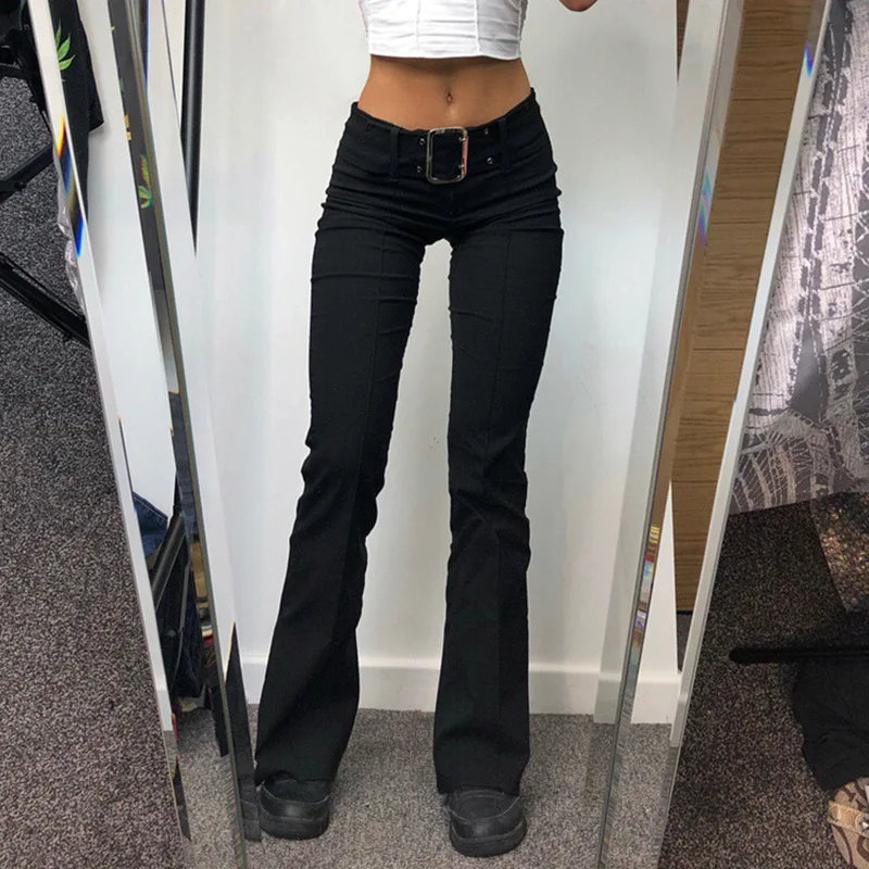 

Solid Black Slim Flare Pants Women Low Waist Fashion Casual Skinny Streetwear Elegant Vintage Trousers Ladies With Belt Clothes