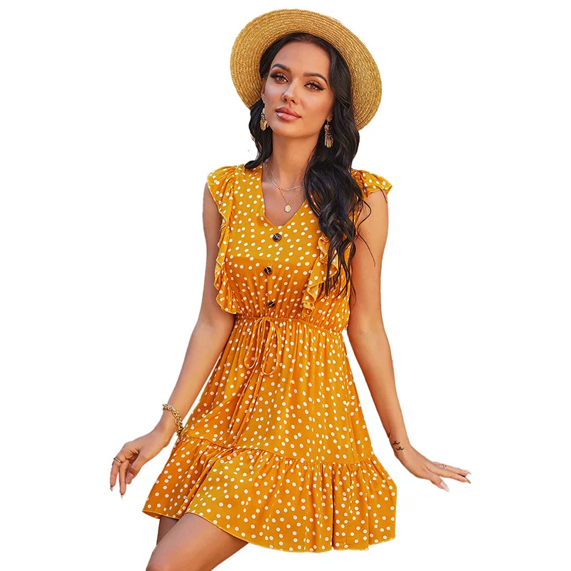 

2021 Spring New Women's Clothing V-neck Casual Polka-Dot Mid-Length Dress