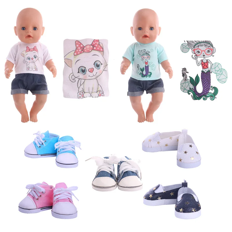 

Одежда для кукол с изображением белого котенка, футболка с изображением русалки + джинсы для кукол нового поколения 18 дюймов и 43 см в америка...
