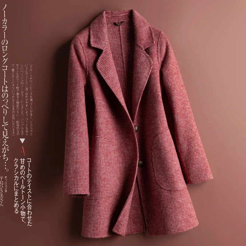 

New Double-sided Wool Coat Women's Mid-length Loose Woolen Coat Korean Version Large Size Houndstooth