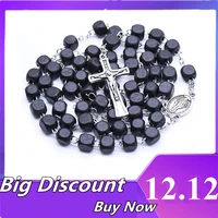 religious vintage wood wedding square bead blessing long strand black cross necklace