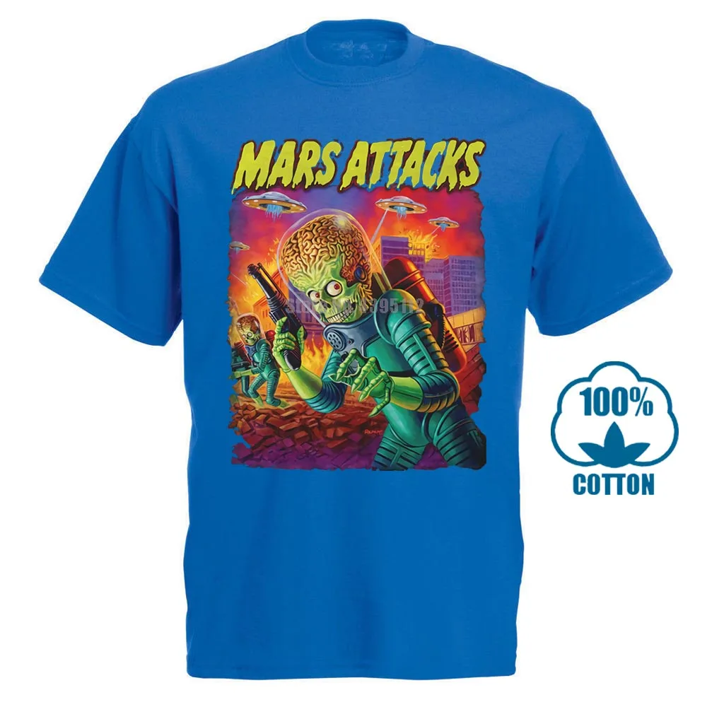 Синий Mars Attacks Movie Мужская футболка атакующий инопланетянин с блюдцем заполненное небо - Цвет: Синий