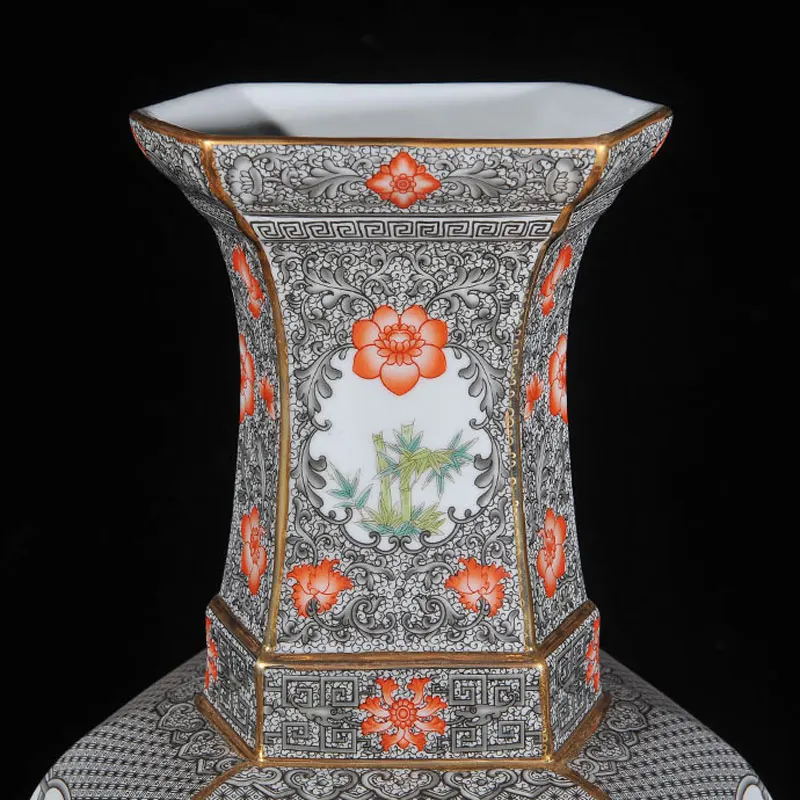 FOCUSDECOR Восточная светло серая китайская ваза с оранжевым цветком фарфоровая