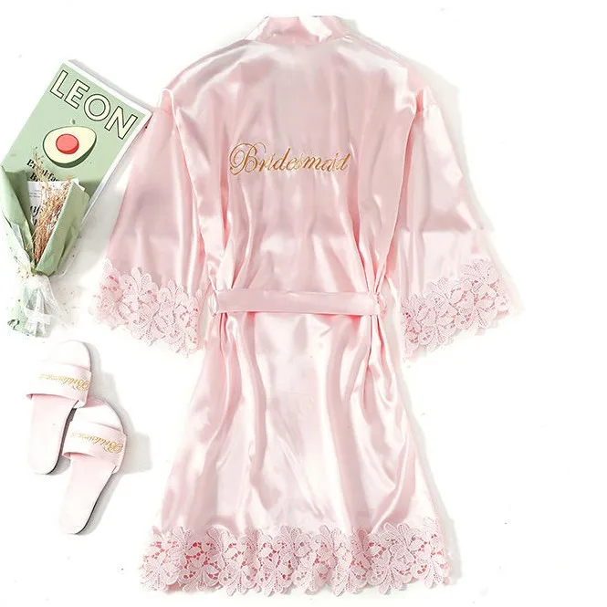 Champagne Bride Bridesmaid Wedding Robe Lace Sleepwear Home Wear Sexy Satin Bathrobe Gown Female Nightdress Intimate Lingerie